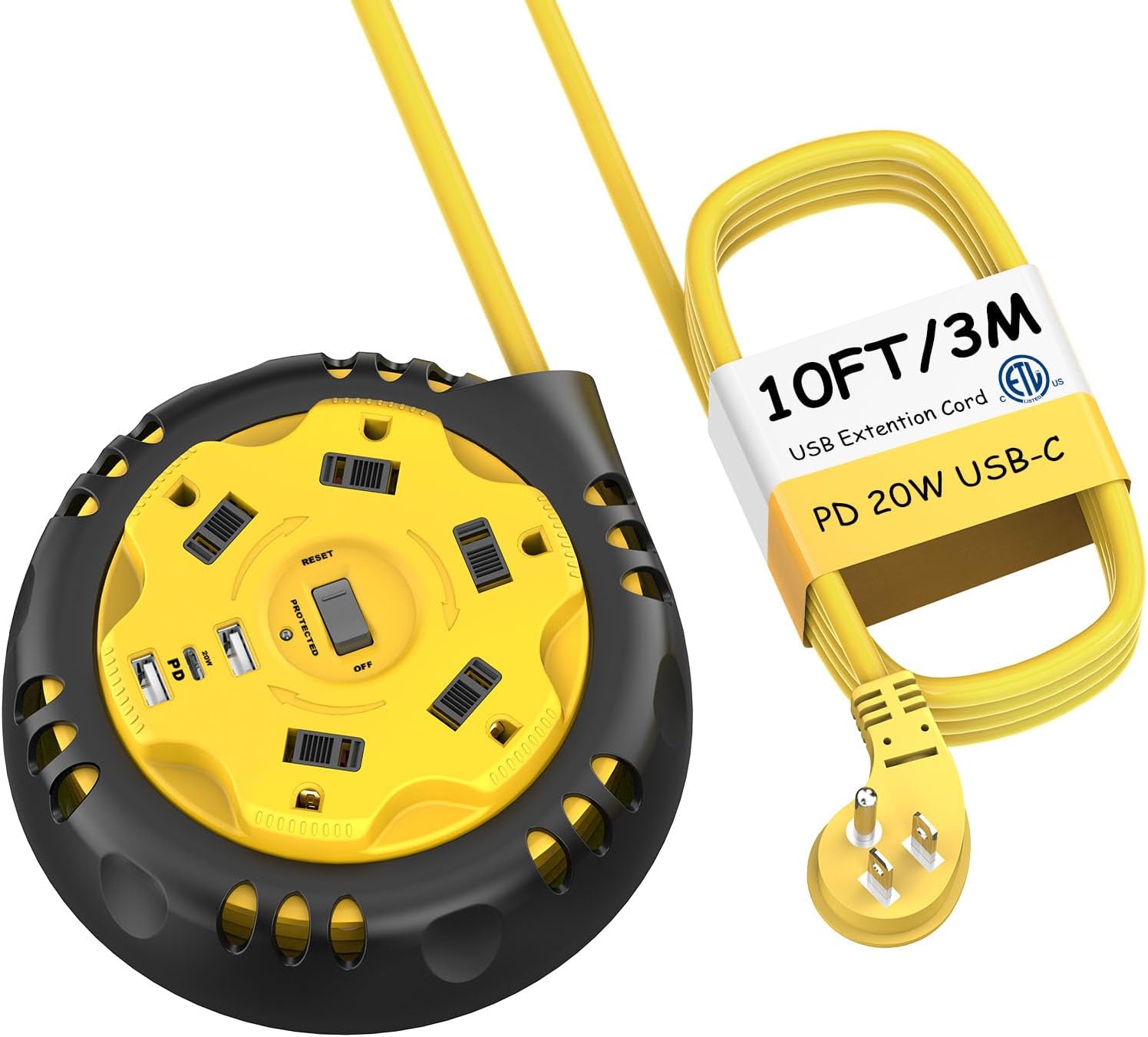 10FT Retractable Extension Cords Reel Power Strip with 5 AC Outlets, 3