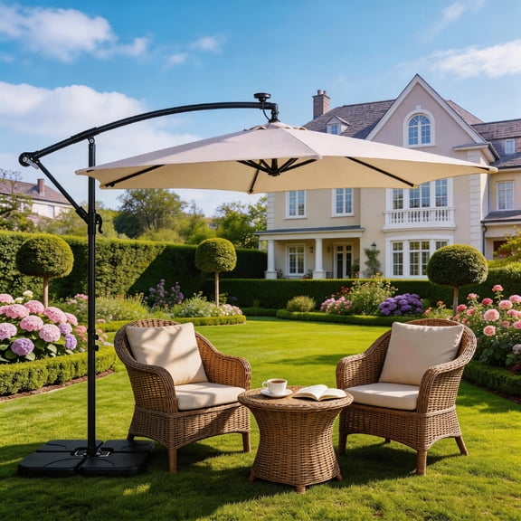 10FT Round Banana Hanging Patio Umbrella with 18 LED Lights 6 Iron Ribs Straight & Curved Pole Waterproof Polyester Canopy Cross Base and Stand Sleeve Included Khaki