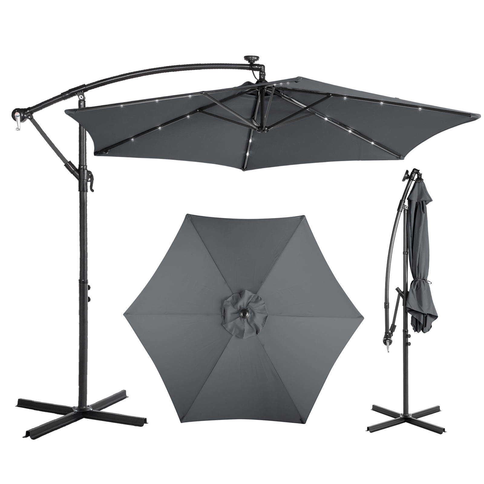 10FT Round Banana Patio Umbrella with LED Lights - Waterproof Polyester Canopy, 6 Iron Ribs, Cross Base & LED Lighting for Outdoor Shading