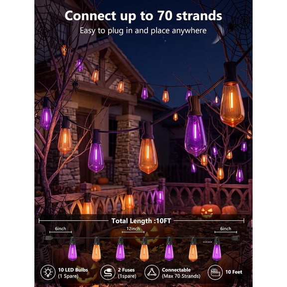 10FT ST40 10 LED Halloween Orange Purple String Lights Outdoor Plug In