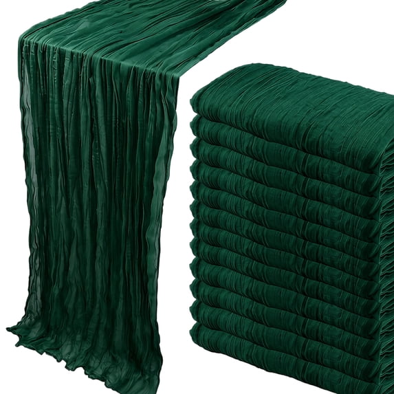 10FT Sheer Table Runner Deep Green, Ruffled Cotton Linen Blend Fabric, Rustic Romantic Wedding Halloween Party Decor, Long Elegant Banquet Tablecloth Overlay for Holiday Dinner