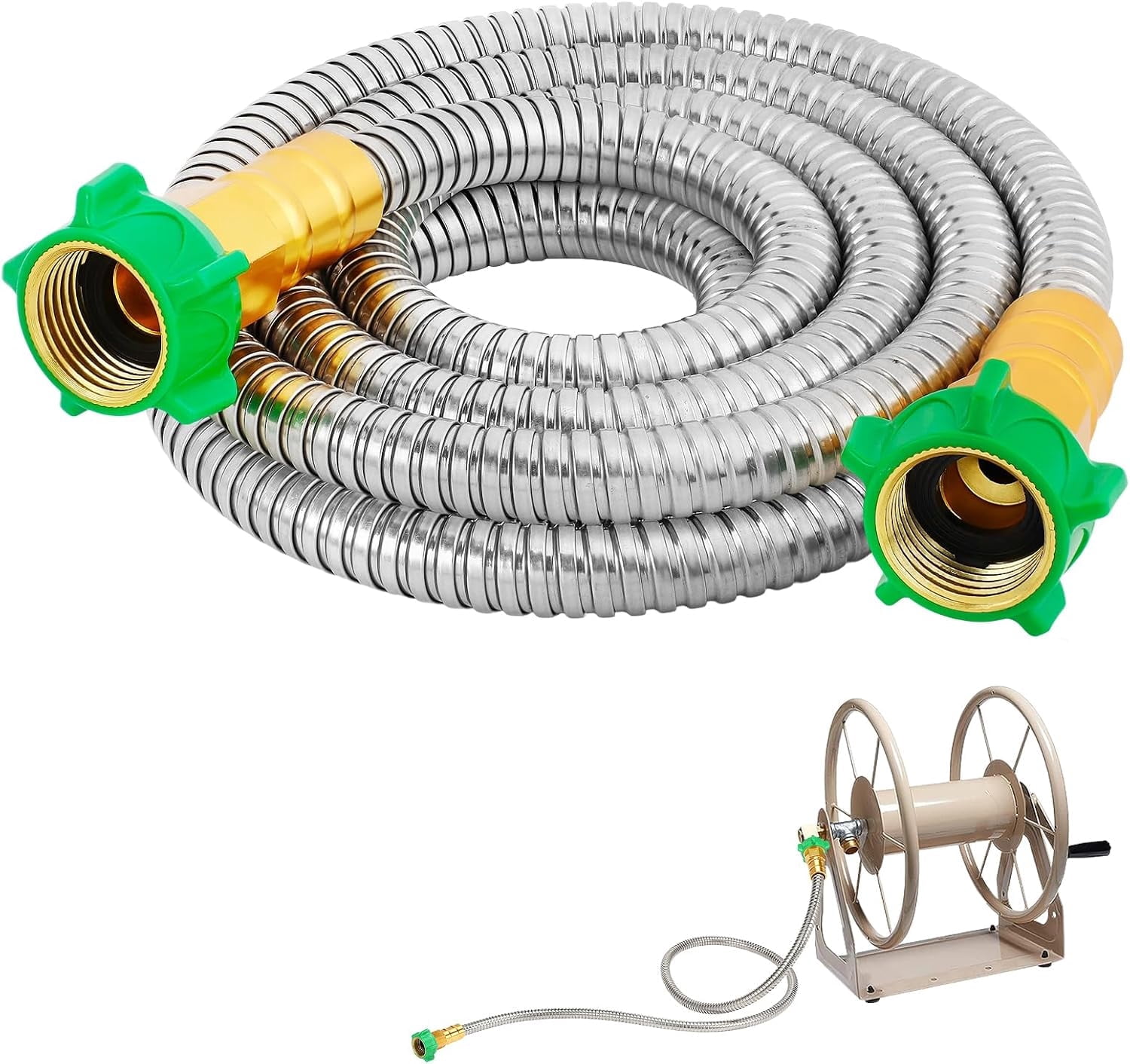 10FT Short Garden Hose Female to Female – Stainless Steel Leader Hose for Hose Reel, Kink-Free Flexible Metal Water Hose, Leakproof Heavy Duty for Outdoor Garden, Car, Pet Washing