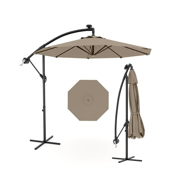 10FT Solar Cantilever Patio Umbrella with 32 LED Lights and 8 Ribs,Hanging Cantilever Umbrella Outdoor Sun Shade with Easy Tilt Adjustment for Backyard, Lawn, Garden and Pool