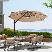 10FT Solar LED Cantilever Patio Umbrella, Waterproof UV Protection Sun Shade with Crank Lift & Push Button Tilt, Outdoor Umbrella for Deck, Pool, Garden, Backyard, Lawn
