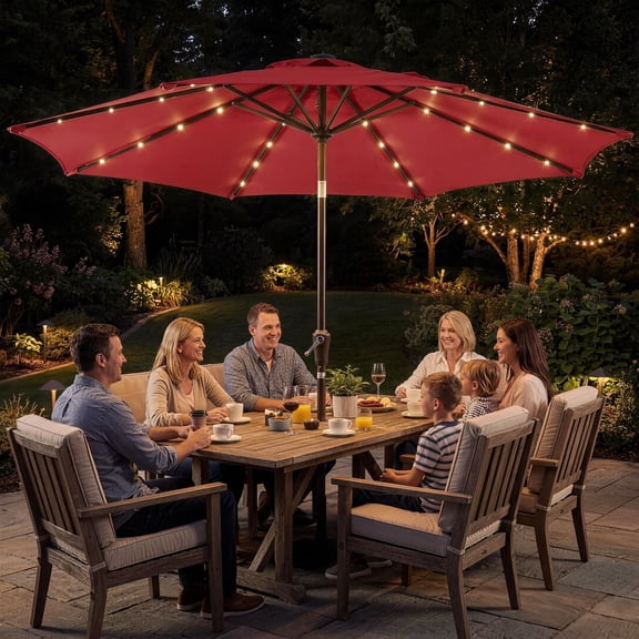 10FT Solar LED Patio Umbrella, 8 Iron Ribs with Crank Tilt for Garden Pool Deck