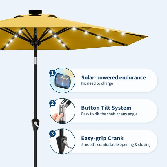 10FT Solar Patio Umbrella with 32 LED Lights – Waterproof, UV Protection Canopy – Crank Lift, Push Button Tilt, 8 Reinforced Ribs – Vented Outdoor Umbrella for Garden, Pool, Deck, Euro 4 Yellow