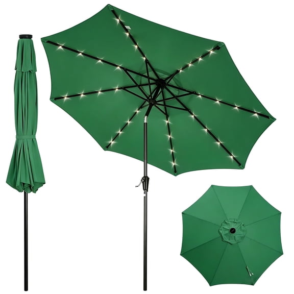 10FT Solar Patio Umbrella with 32 LED Lights, 8 Iron Ribs, Crank Lift, Push Button Tilt.