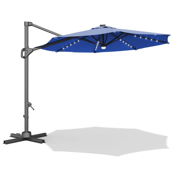 10FT Solar Patio Umbrella with LED Lights, 360° Rotation Offset Cantilever Umbrella with Adjustable Tilt.