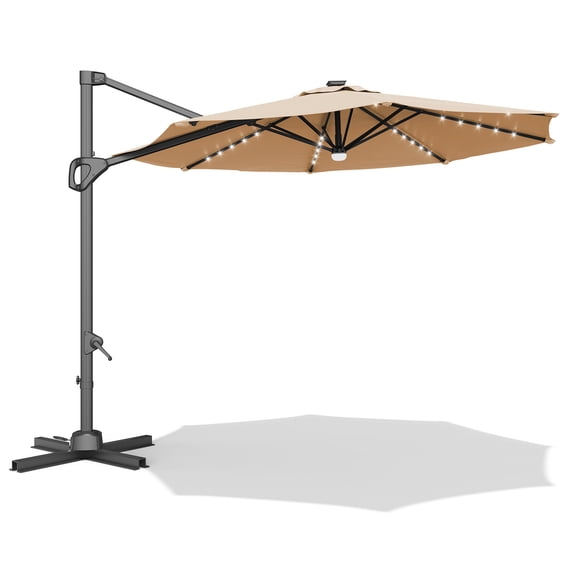 10FT Solar Patio Umbrella with LED Lights, 360° Rotation Offset Cantilever Umbrella with Adjustable Tilt.