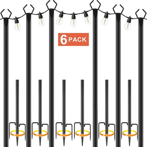 10FT String Light Poles 6 Pack with Fence Brackets – Heavy Duty Metal Stand for Outdoor String Lights, Freestanding or Mounted on Fence/Deck/Patio, Easy Assembly Garden Backyard Lighting Poles