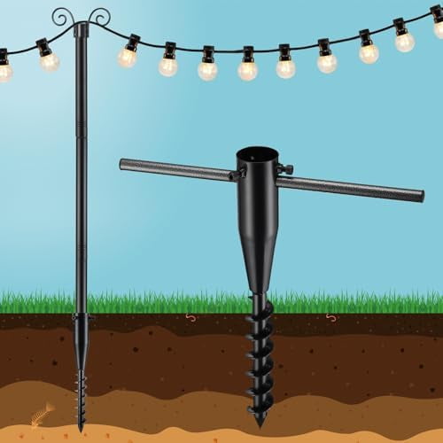10FT String Light Poles with Spiral Ground Stakes, 38mm Adjustable Height Rustproof Metal Posts for Garden Lawn Patio, Christmas Wedding Party Outdoor Decoration (Black, 1 Pack)