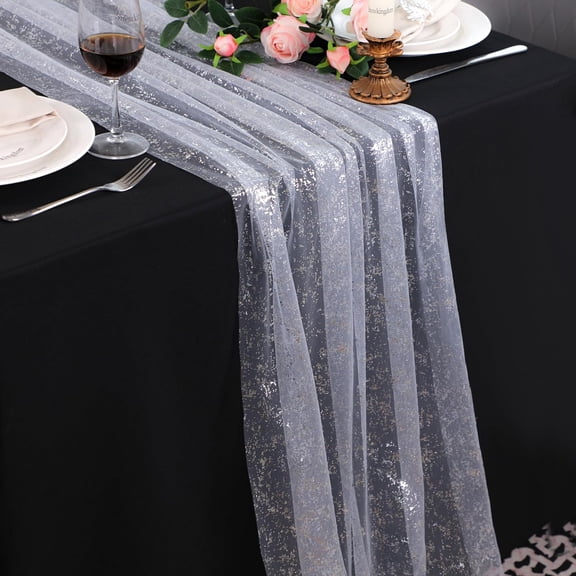 10FT Table Runner, Sequin Glitter Sheer Chiffon Gauze Cheesecloth Runner 120 Inch, Party Decorations for Wedding Anniversary Birthday Graduation Christmas Holiday