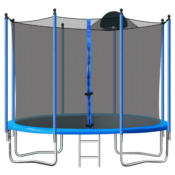 10FT Trampoline with Enclosure Net, Upgrade Outdoor Round Trampoline with Basketball Hoop, Heavy Duty Backyard Trampoline with Spring Cover for Kids and Adults, Blue