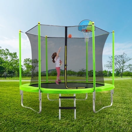 10FT Trampoline for Kids with Safety Enclosure Net  Basketball Hoop and Ladder  Easy Assembly Round Outdoor Recreational Trampoline
