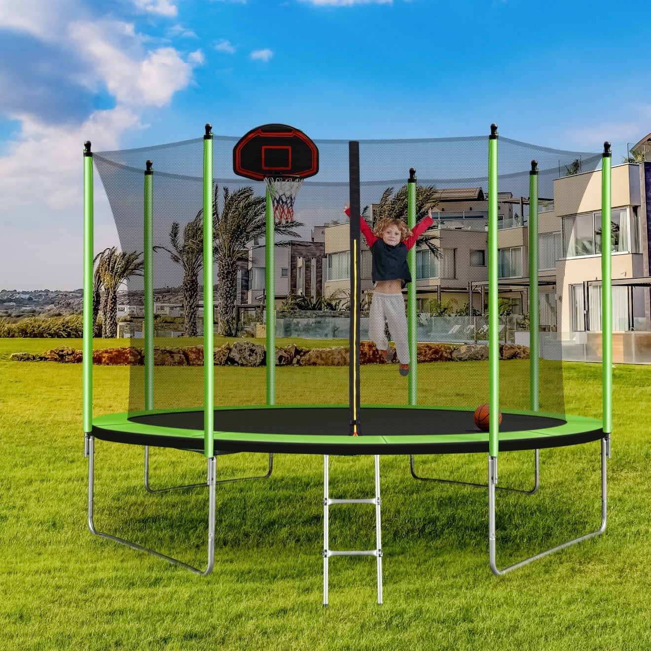 10FT Trampoline with Basketball Board,Outdoor Trampoline with Ladder and Inner Safety Enclosure for Kids,Green