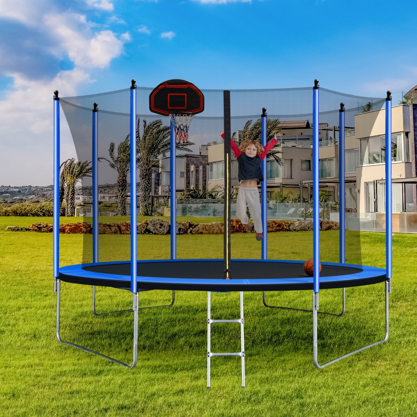 10FT Trampoline with Basketball Hoop Inflator,Outdoor Trampoline with Ladder and Inner Safety Enclosure for Kids,Blue