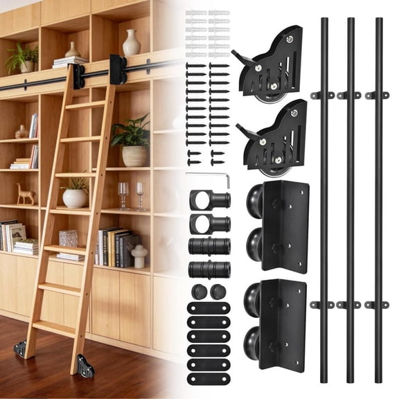 10FT Upgraded Heavy Steel Rolling Ladder Hardware with Braking Casters, 350lb Capacity for Library Closet (No Ladder)