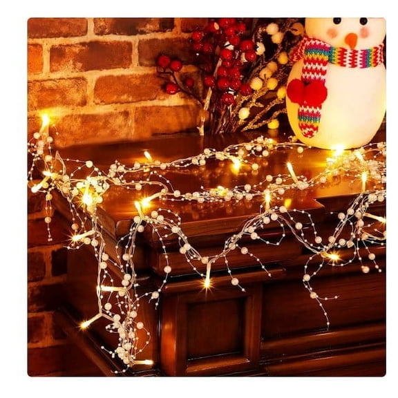 10FT White Pearl Garland with 30 LED Light, Battery Operated Fairy String Lights with Timer for Wedding Christmas Party Event Decoration
