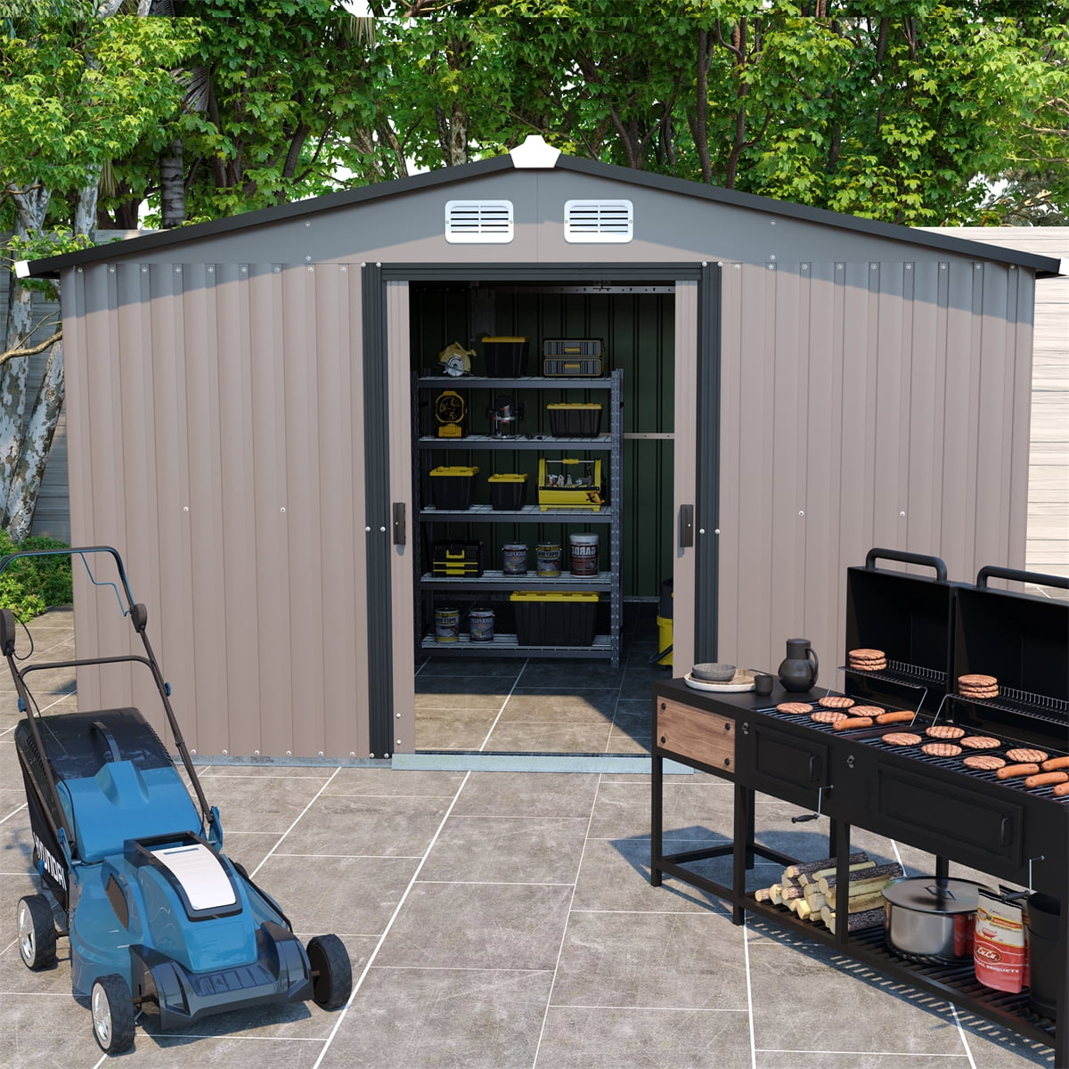 10FT x 12FT Metal Outdoor Storage Shed, Steel Garden Storage House with ...