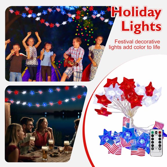 10Ft 30 Leds, Waterproof Star And American Flag String Lights With Remote Control, For Independence Day Memorial Day Patriotic Events Indoor Outdoor Home Decor For Family