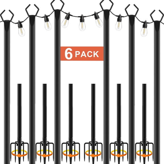 10Ft 6 Pack String Light Poles ,Light Poles for Outside Lights,Outdoor with Fence Brackets Hanging Lights,Metal Stand Deck Patio Backyard