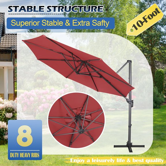 10Ft Cantilever  Umbrella with 360 °   Rotation & Tilting System, Offset Umbrella for Garden Backyard Poolside Deck