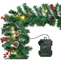 10Ft Christmas Garland with 50 LED Lights - 2 Pack Pre-lit Outdoor Xmas Garland with Timer - Pine Garland with Red Berries Snow Pine Cones - 10 Foot by 10 Inch