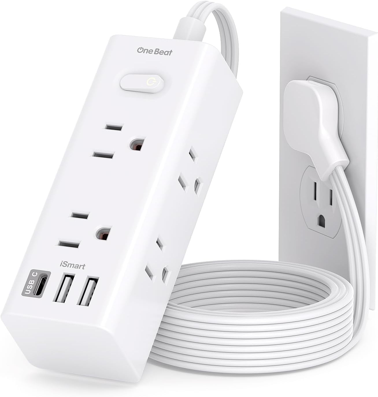 10ft White ABS Power Strip with USB Ports and Surge Protection