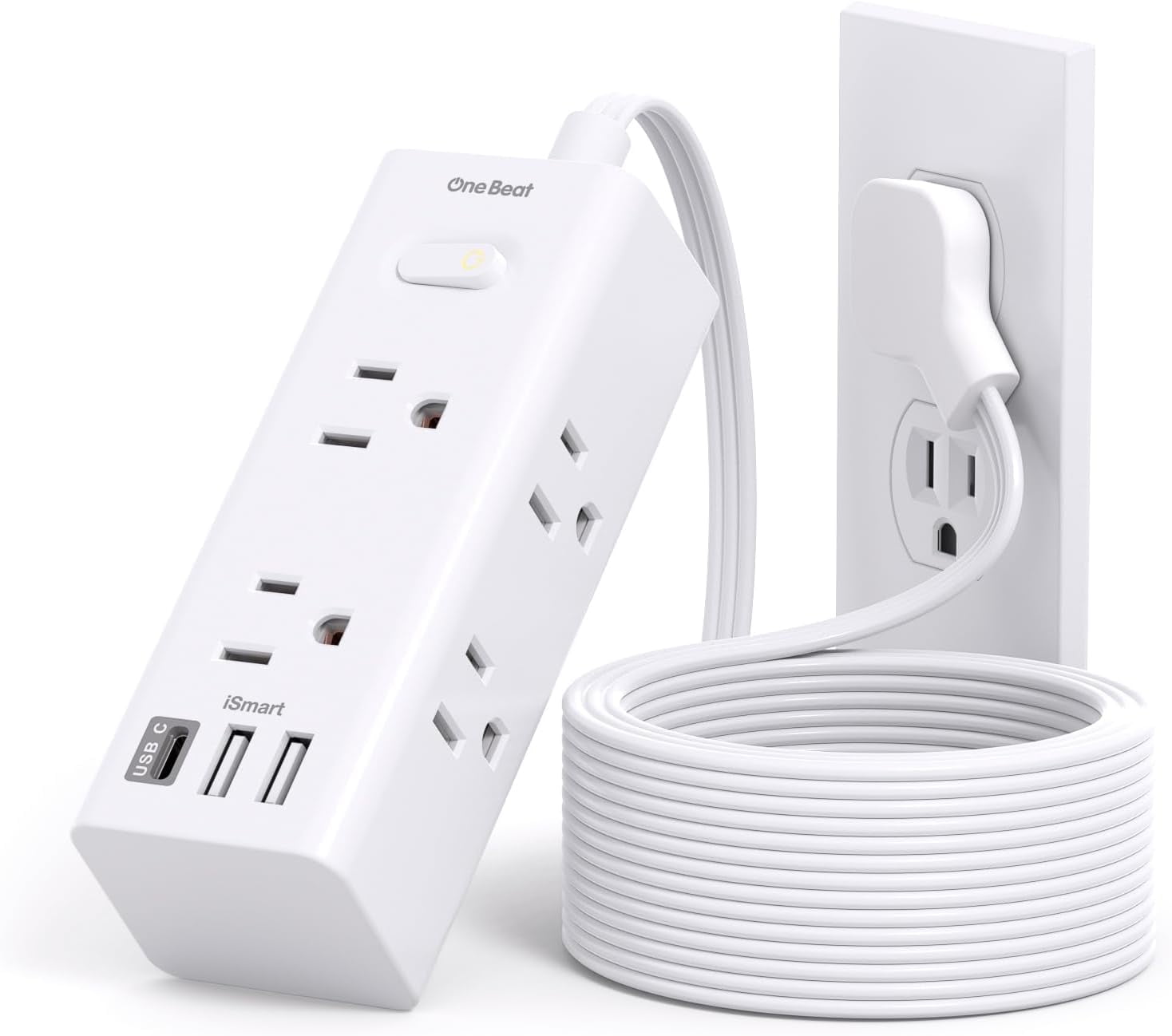 10ft White ABS Power Strip with USB Ports and Surge Protection