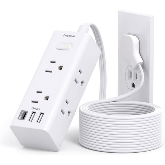 10Ft Extension Cord with Multiple Outlets, Flat Plug Power Strip Surge Protector with 10 Ft Long Cord, 6 Outlet 3 USB Ports (1 USB C), Multi Outlet Wall Plug for Travel, College, Dorm Room Essentials