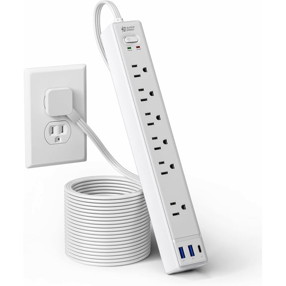 10Ft Extension Cord with Multiple Outlets, SUPERDANNY Flat Plug Surge Protector Power Strip 10 Ft Long Cord, 6 Outlets & 3 USB Ports, Charging Station for Home Office, College Dorm Room Essentials