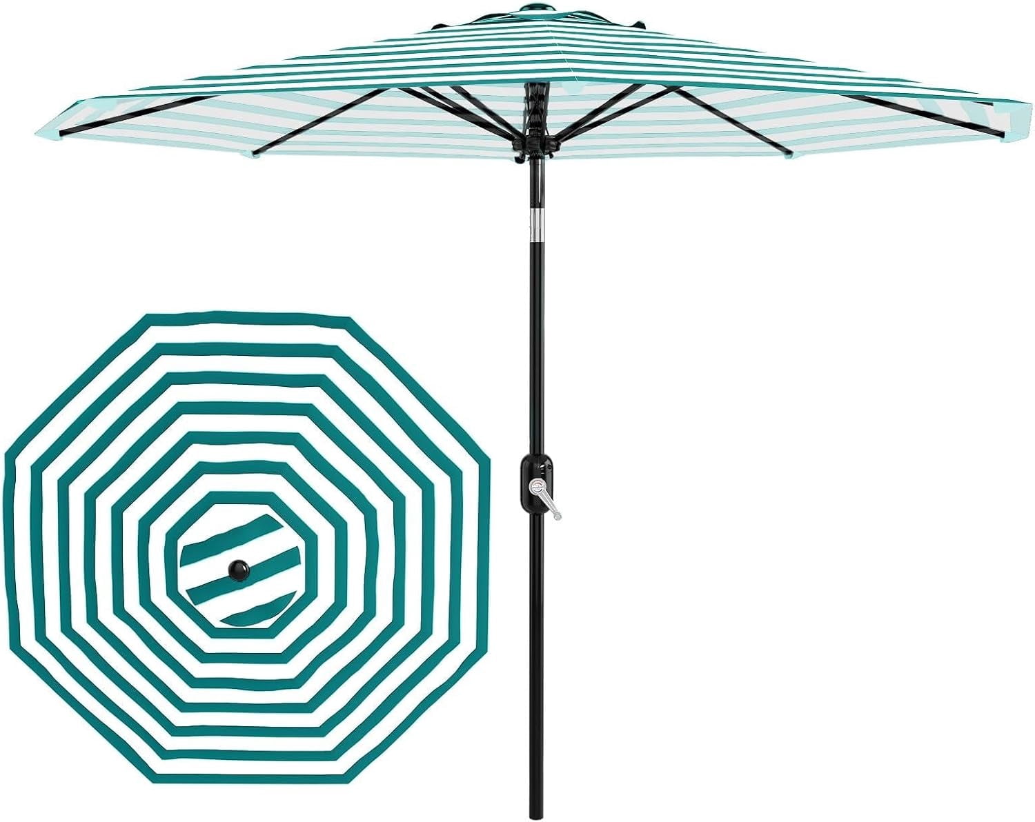 10Ft Outdoor Patio Umbrella 8 Sturdy Ribs Outdoor Table Umbrella with Crank LiFt & Push Button Tilt UV Protection Waterproof Market Umbrellas for Pool Deck Yard, Turquoise & White Stripes