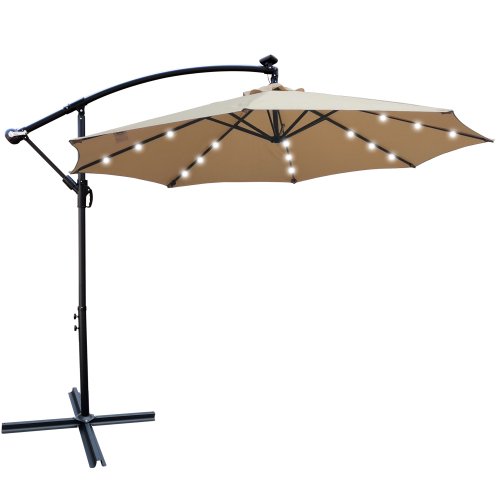 10Ft Outdoor Umbrella,Waterproof Solar Powered LED Shade Market 8 Ribs Umbrella with Crank and Cross Base(Tan)