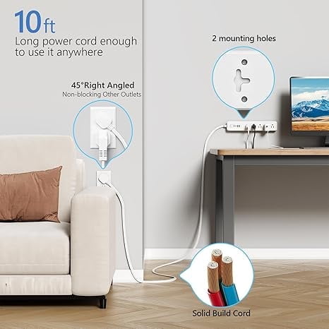 10Ft Power Strip Surge Protector - TerHavn Extension Cord with 15 AC Outlets and 4 USB Ports for for Home, Office, Dorm Essentials, 1080 Joules,15A 1875W UL, (White)