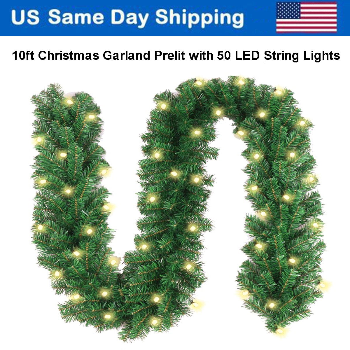 10Ft Prelit Christmas Garland with 50 LED Lights & TimerWaterproof