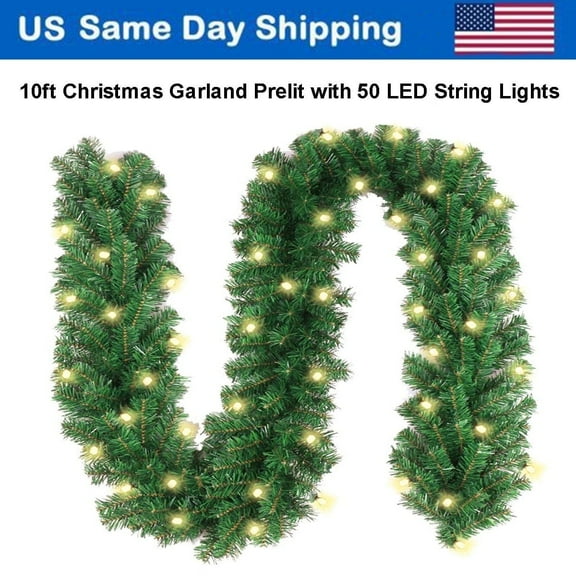 10Ft Pre-lit Christmas Garland with LED & Timer - Waterproof Indoor Outdoor for Stairs Railing Mantle Fireplace Front Porch Decor