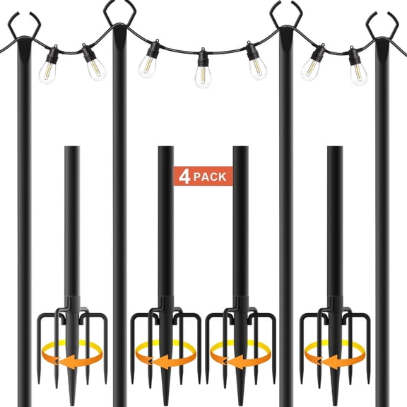 10Ft String Light Poles 4 Pack,Light Poles for Outside Lights,Outdoor with Fence Brackets Hanging Lights,Metal Stand Deck Patio Backyard