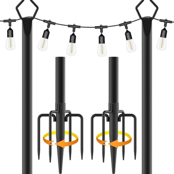 2 Pack 10Ft String Light Poles for Patio, Deck, Backyard and Outdoor, Heavy-Duty Metal Poles with Fork Brackets, Weather-Resistant & Adjustable Height, Easy Installation, Black