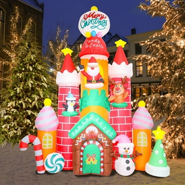 10Ft Super Plus Size Christmas Inflatables Candy Castle with Santa Reindeer Penguin Snowman Xmas Tree Star Bright LED Light, Blow Up for Indoor Outdoor Christmas Decorations Yard Garden Decor