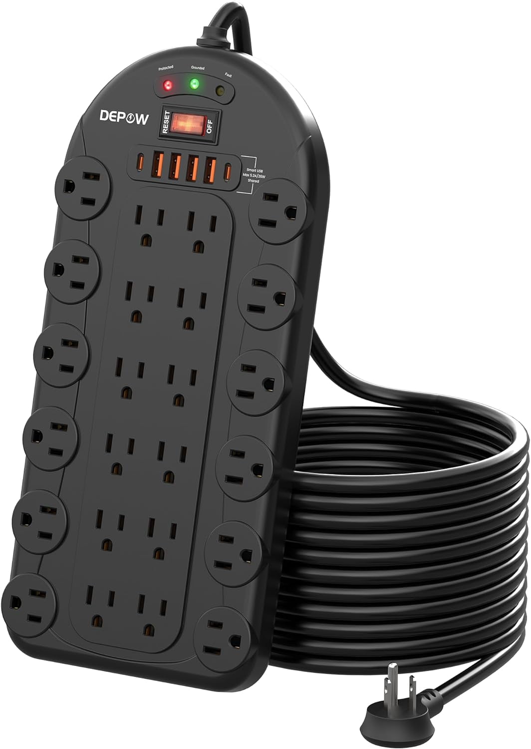 10Ft Surge Protector with 24 AC Outlets (1875W/15A) 6 USBs (2 USB-C Ports), 3,400 Joules, Heavy Duty Flat Plug Extension Cord, Wall Mountable for Home, Office, Black, ETL Listed