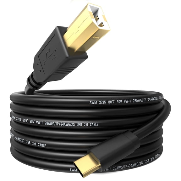 10Ft USB Printer Cable Compatible with Hp Canon Brother Epson Samsung Dell Lexmark Xerox USB 2.0 Type C to B Cord High Speed for Printer Scanner Fax Machine Midi Keyboard DAC Decoders Digital Piano