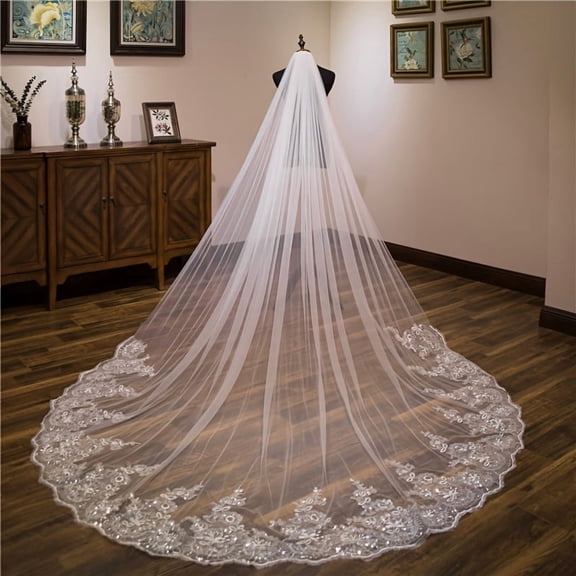 10Ft White Ivory Sequined Lace Bridal Veil with Comb, Long Illusion Tulle Wedding Veil, Elegant Lace Floral Design, Chapel Length Perfect for Weddings, Bridal Attire, Photography, Hand Wash Only