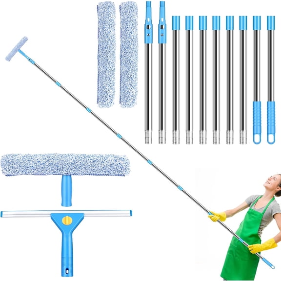 10Ft Window Washing Kit with Extension Pole(Thickened), Window Cleaning Kit with 14" Squeegee & 15" Scrubber (2 Brush Covers), Window Cleaner Tool Washing Equipment for Outdoor High Windows Glass