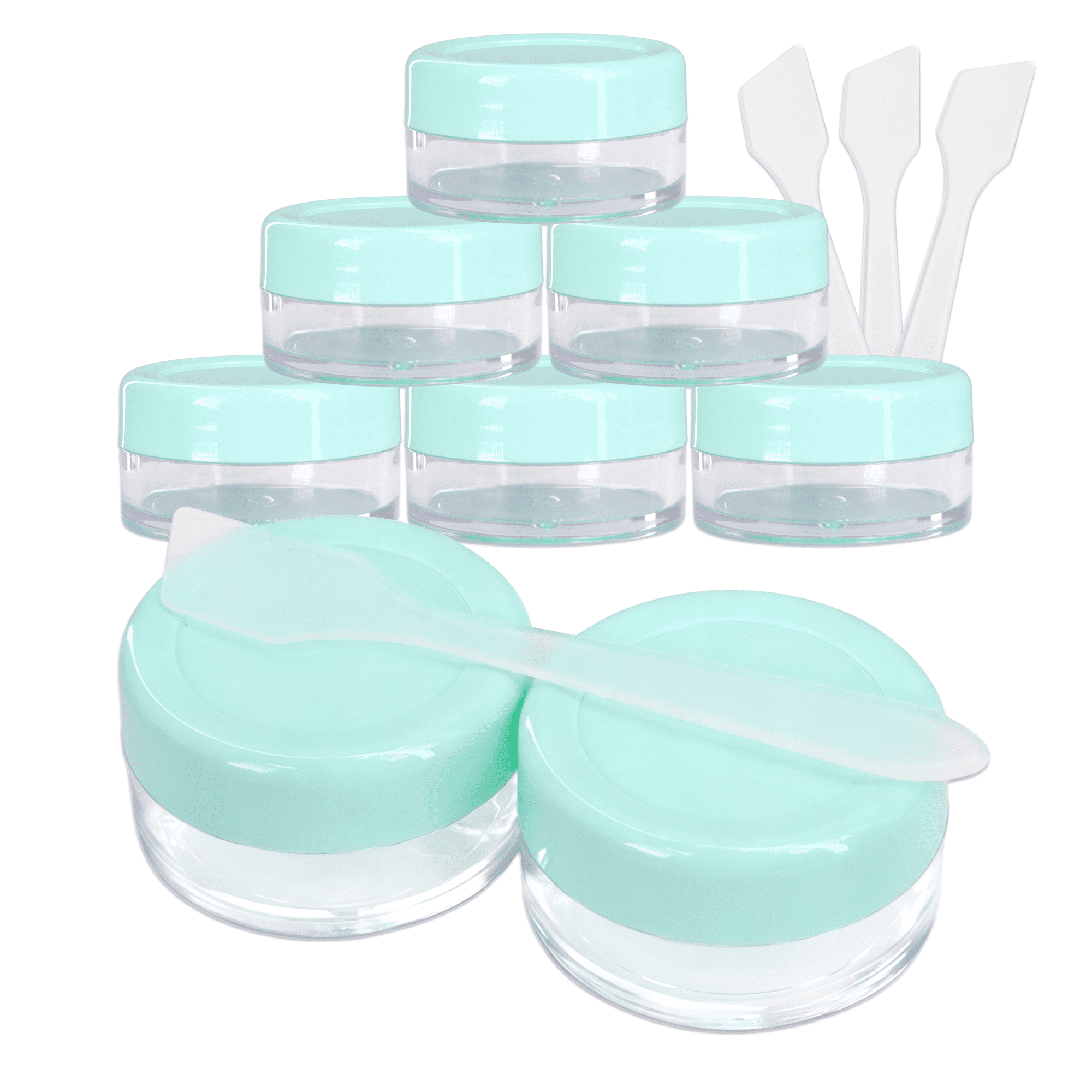 10G/10ML Plastic Clear Cosmetic Sample Jars with Teal Green Lid and Spatulas