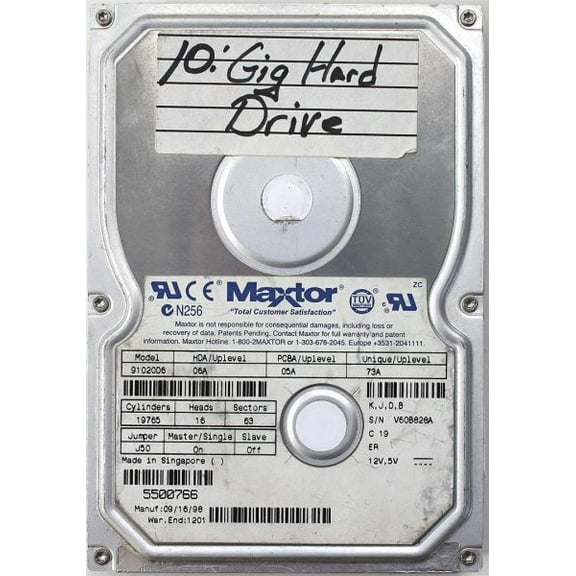 10GB IDE HARD DRIVE, 91020D6, 06A,05A,73A, K,J,D,B, SINGAPORE, 9/16/98