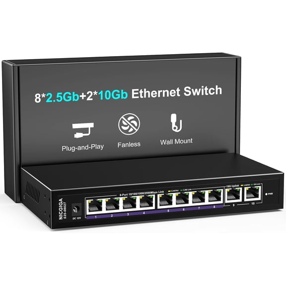 10Gbe Ethernet Switch Unmanaged with 2 x 10Gb RJ45 Ports 8 x 2.5Gb Base-T Ports, Desktop/Wall Mount 10 Port 10Gbps Network Switch for Wireless AP, NAS, PC