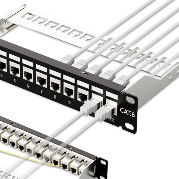10Gbps Patch Panel 12 Port, RJ45 Through Coupler Cat6 Patch Panel STP Shielded with Back Bar, 10'' Wallmount or Rackmount, Compatible with Cat5, Cat5e, Cat6 Cabling
