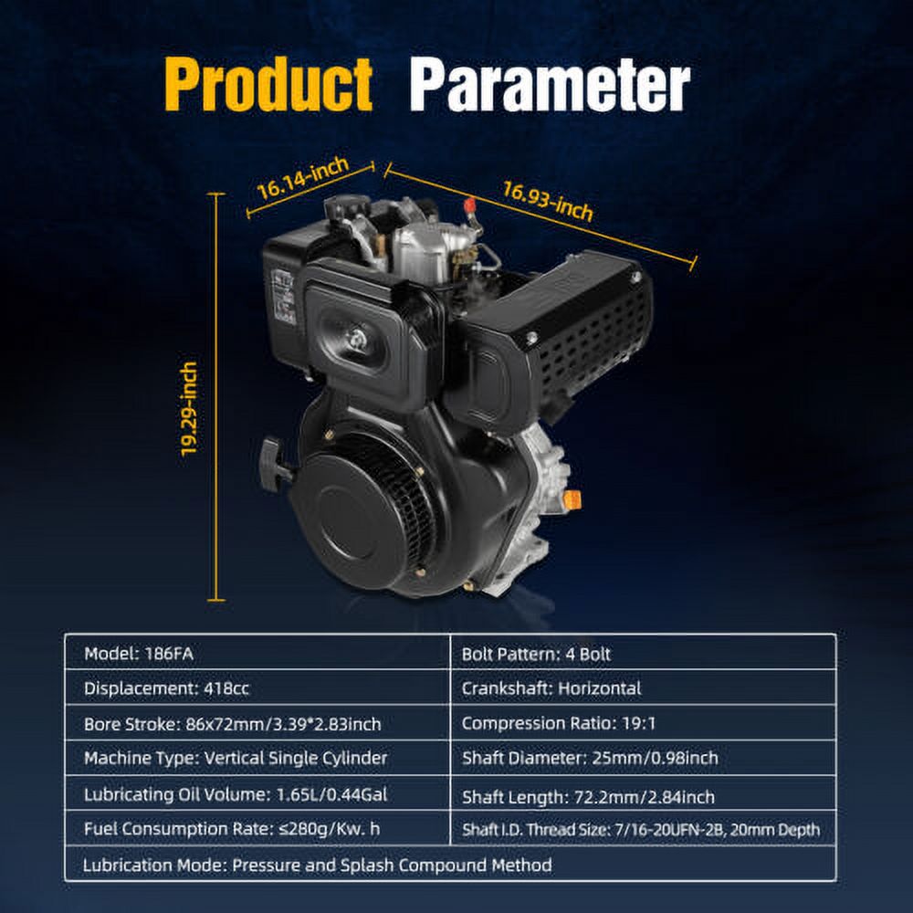 10HP 4 Stroke Diesel Engine Heavy-Duty Single Cylinder 1" Shaft 418CC Air-Cooled