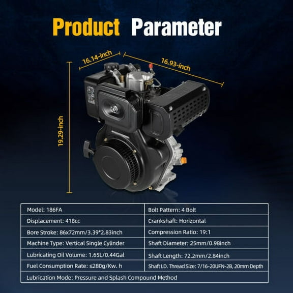 10HP 4 Stroke Diesel Engine Heavy-Duty Single Cylinder 1" Shaft 418CC Air-Cooled