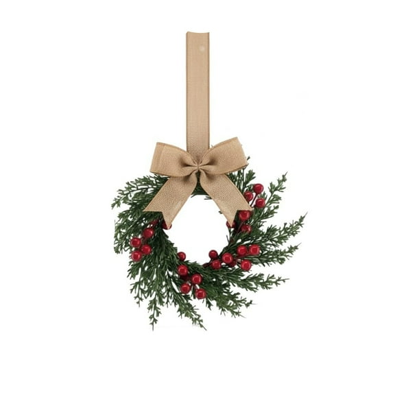 10Inch Christmas Mini Wreaths, Small Artificial Pine Cabinet Rings with Bows and Berries, Holiday Door and Window Decor, Hanging Indoor Outdoor Decorations